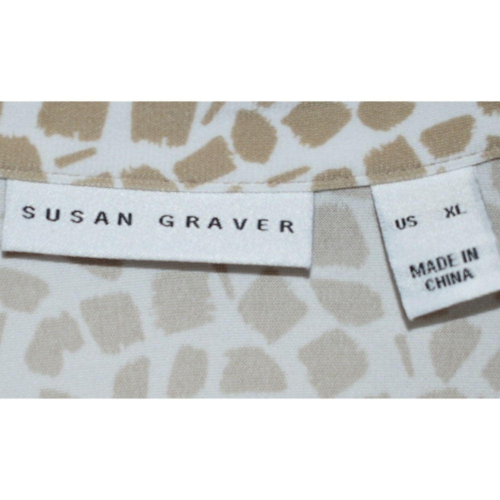 Susan Graver XL Stretch Blouse Button Front Mosaic Print 3/4 Sleeve Tan White - Picture 16 of 16